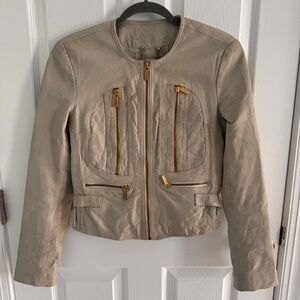 Michael Kors Beige Leather Jacket with Gold Zippers